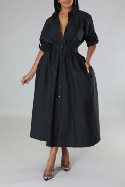 Stylish Ruched Elastic Waist Shirt Dress 24 Stylish Ruched Elastic Waist Shirt Dress -Acorpstyle XTY5065 BK 2