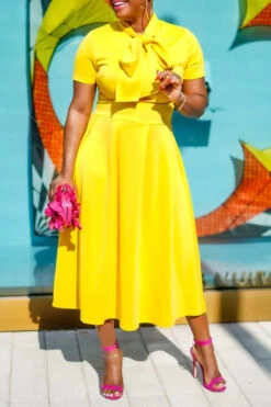 Elegant Self Tie Neck Swing Midi Dress 7 Elegant Self Tie Neck Swing Midi Dress -Acorpstyle XTY5284 YE 1