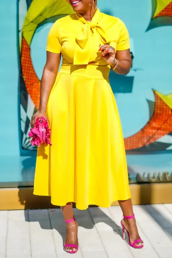 Elegant Self Tie Neck Swing Midi Dress 3 Elegant Self Tie Neck Swing Midi Dress - Image 3