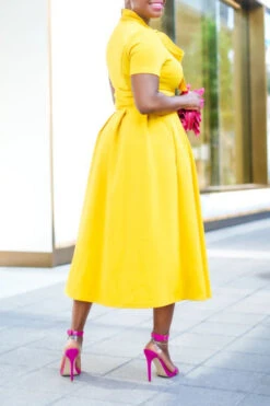 Elegant Self Tie Neck Swing Midi Dress 9 Elegant Self Tie Neck Swing Midi Dress -Acorpstyle XTY5284 YE 3