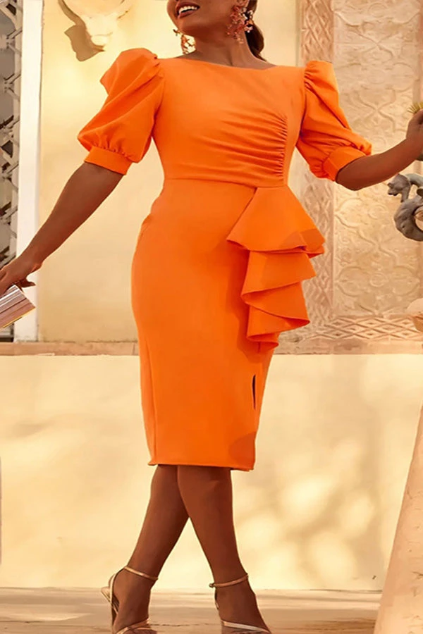 Puff Sleeve Ruffle Slit Bodycon Dress 3 Puff Sleeve Ruffle Slit Bodycon Dress - Image 3