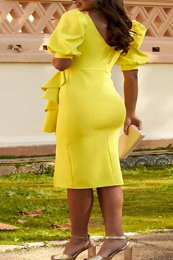 Puff Sleeve Ruffle Slit Bodycon Dress 2 Puff Sleeve Ruffle Slit Bodycon Dress - Image 2