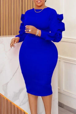 Round Neck Bodycon Frill Trim Midi Dress 8 Round Neck Bodycon Frill Trim Midi Dress -Acorpstyle XTY5680 RB 1