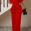 Slash Neck Belted Top & Wide Leg Pants Set
