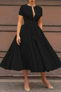V-Neck Ruched Belted Midi Dress 14 V-Neck Ruched Belted Midi Dress -Acorpstyle XTY5730 BK 1