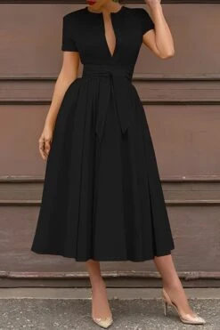 V-Neck Ruched Belted Midi Dress 15 V-Neck Ruched Belted Midi Dress -Acorpstyle XTY5730 BK 1 2 9b886202 d441 49b8 a715 5be854b06657