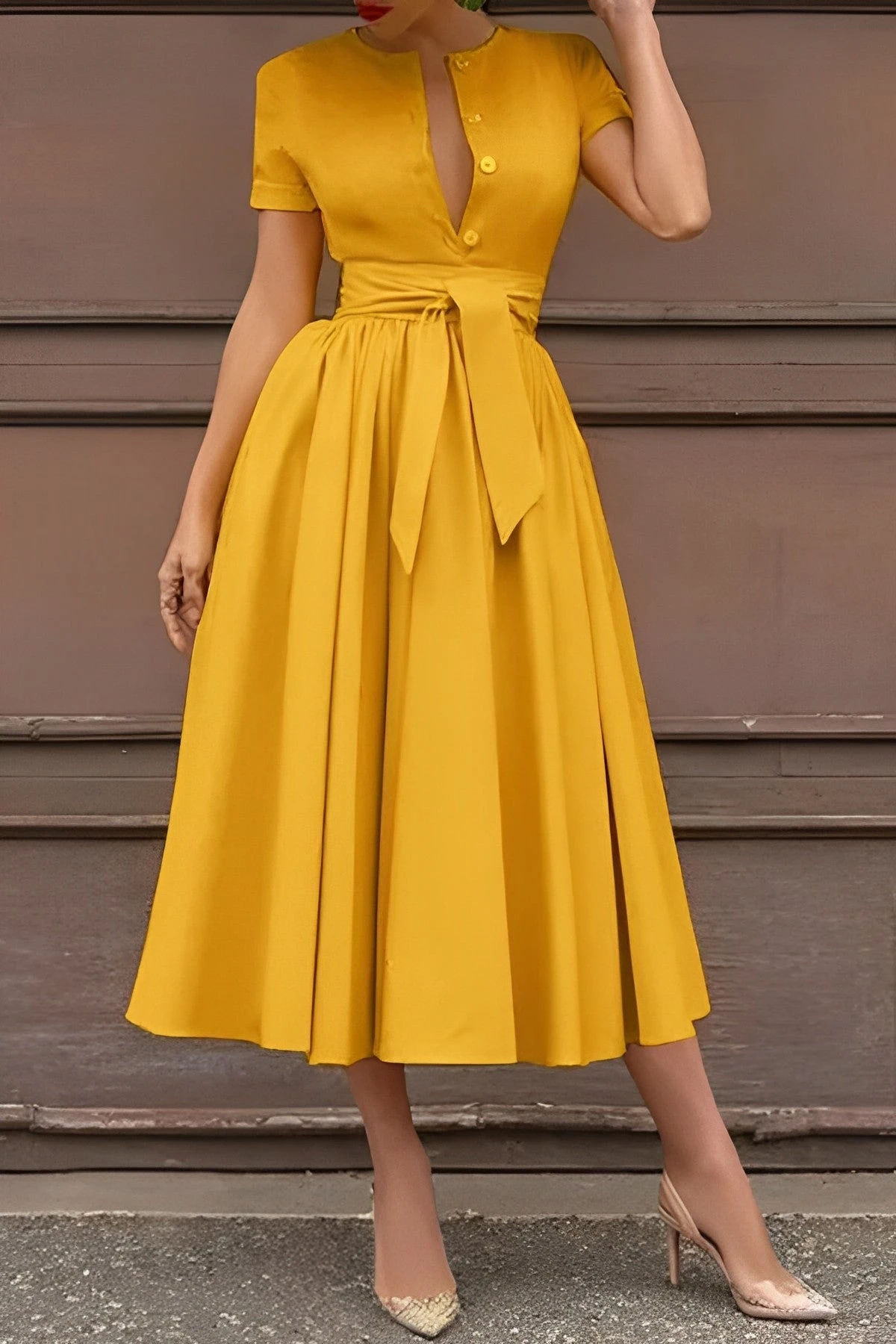 V-Neck Ruched Belted Midi Dress 2 V-Neck Ruched Belted Midi Dress - Image 2