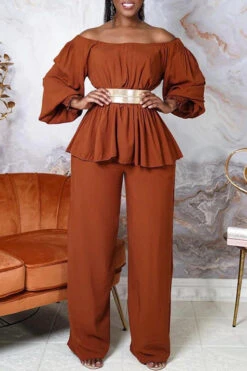 Off Shoulder Lantern Sleeve Pants Set 10 Off Shoulder Lantern Sleeve Pants Set -Acorpstyle XTY5797 BR 1