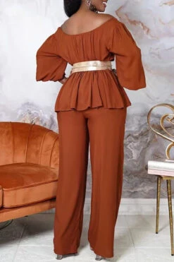 Off Shoulder Lantern Sleeve Pants Set 11 Off Shoulder Lantern Sleeve Pants Set -Acorpstyle XTY5797 BR 2