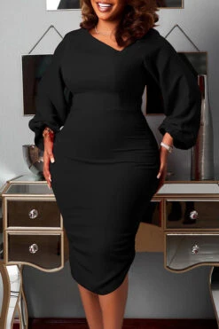 Asymmetrical Neck Lantern Sleeve Bodycon Dress 7 Asymmetrical Neck Lantern Sleeve Bodycon Dress -Acorpstyle XTY5813 BK 1