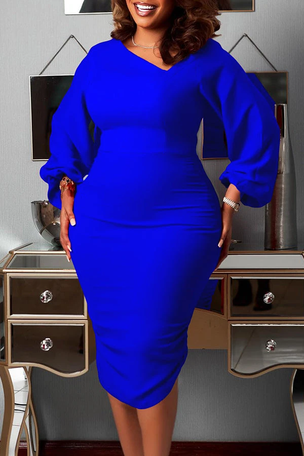 Asymmetrical Neck Lantern Sleeve Bodycon Dress 3 Asymmetrical Neck Lantern Sleeve Bodycon Dress - Image 3