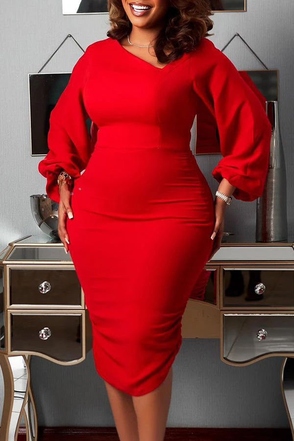 Asymmetrical Neck Lantern Sleeve Bodycon Dress 2 Asymmetrical Neck Lantern Sleeve Bodycon Dress - Image 2