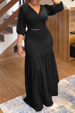 V-Neck Lantern Sleeve Top & Ruffle Hem Skirt Set 19 V-Neck Lantern Sleeve Top & Ruffle Hem Skirt Set -Acorpstyle XTY5914 BK 1