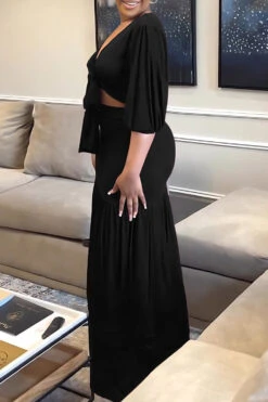 V-Neck Lantern Sleeve Top & Ruffle Hem Skirt Set 20 V-Neck Lantern Sleeve Top & Ruffle Hem Skirt Set -Acorpstyle XTY5914 BK 2