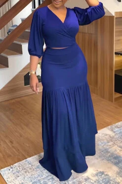 V-Neck Lantern Sleeve Top & Ruffle Hem Skirt Set 15 V-Neck Lantern Sleeve Top & Ruffle Hem Skirt Set -Acorpstyle XTY5914 BL 1