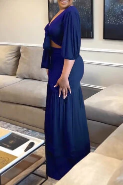 V-Neck Lantern Sleeve Top & Ruffle Hem Skirt Set 16 V-Neck Lantern Sleeve Top & Ruffle Hem Skirt Set -Acorpstyle XTY5914 BL 2