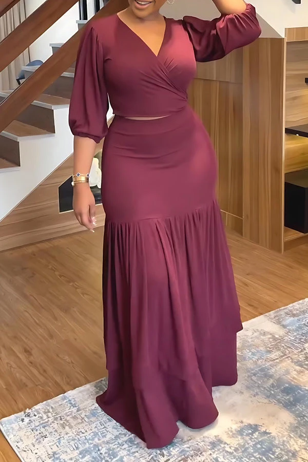 V-Neck Lantern Sleeve Top & Ruffle Hem Skirt Set 1 V-Neck Lantern Sleeve Top & Ruffle Hem Skirt Set