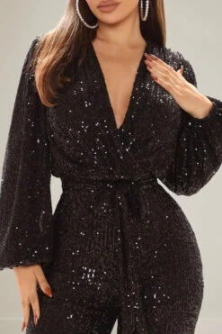 Sequin V-Neck Lantern Sleeve Jumpsuit 13 Sequin V-Neck Lantern Sleeve Jumpsuit -Acorpstyle XTY6014 BK 3