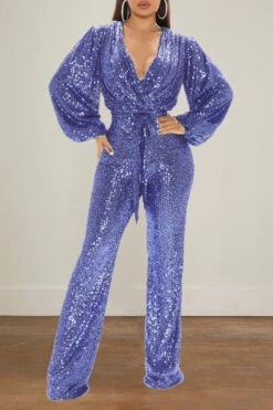 Sequin V-Neck Lantern Sleeve Jumpsuit 21 Sequin V-Neck Lantern Sleeve Jumpsuit -Acorpstyle XTY6014 BL 1