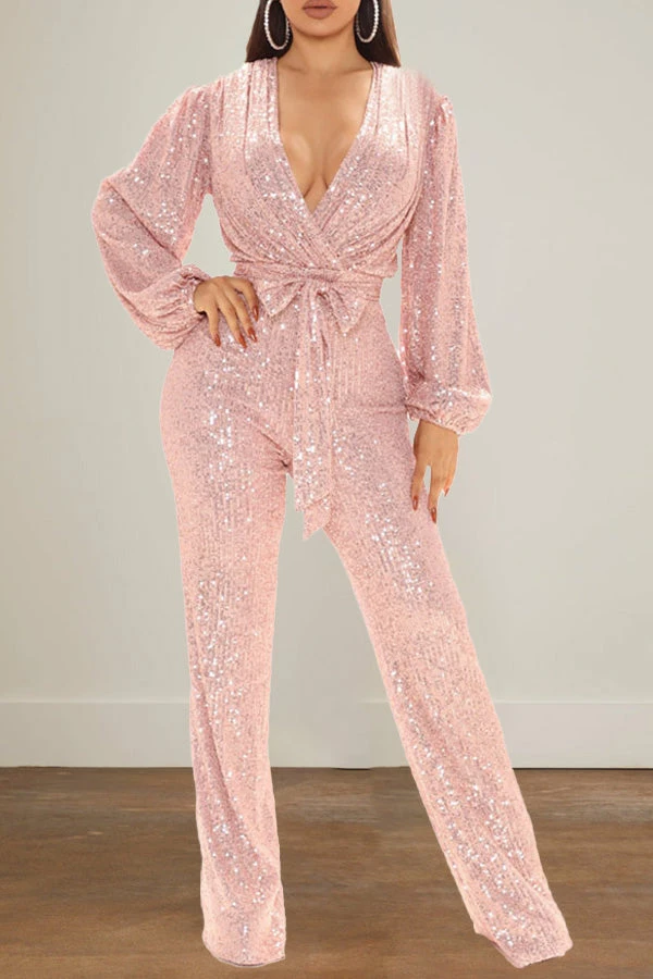 Sequin V-Neck Lantern Sleeve Jumpsuit 8 Sequin V-Neck Lantern Sleeve Jumpsuit - Image 8