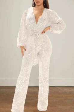 Sequin V-Neck Lantern Sleeve Jumpsuit 17 Sequin V-Neck Lantern Sleeve Jumpsuit -Acorpstyle XTY6014 WH 3