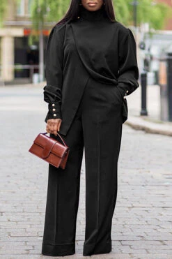High Neck Irregular Blouse & Wide Leg Pants Set 6 High Neck Irregular Blouse & Wide Leg Pants Set -Acorpstyle XTY6092 BK 1
