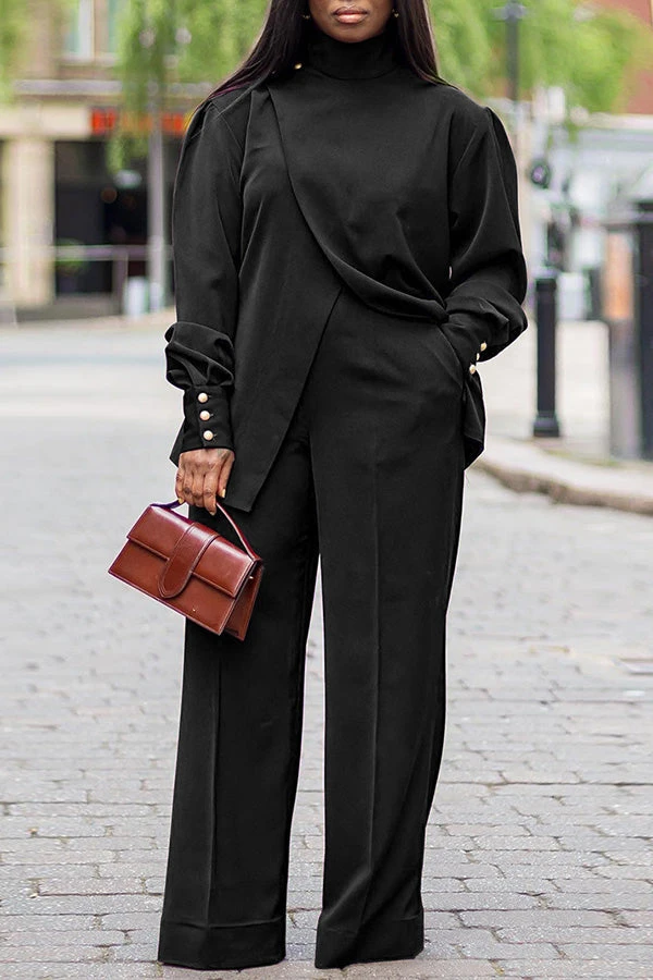 High Neck Irregular Blouse & Wide Leg Pants Set 3 High Neck Irregular Blouse & Wide Leg Pants Set - Image 3