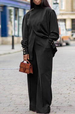 High Neck Irregular Blouse & Wide Leg Pants Set 7 High Neck Irregular Blouse & Wide Leg Pants Set -Acorpstyle XTY6092 BK 2