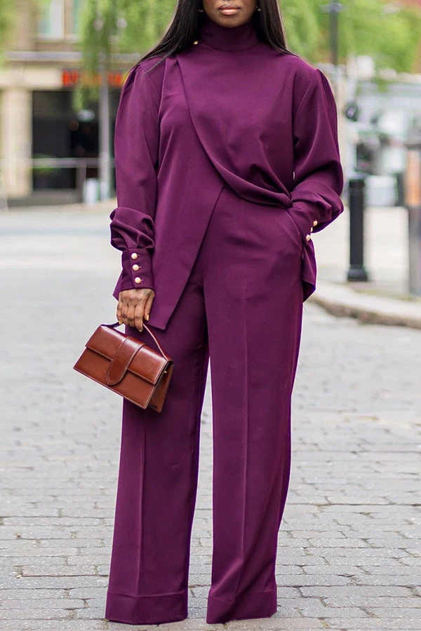 High Neck Irregular Blouse & Wide Leg Pants Set 1 High Neck Irregular Blouse & Wide Leg Pants Set