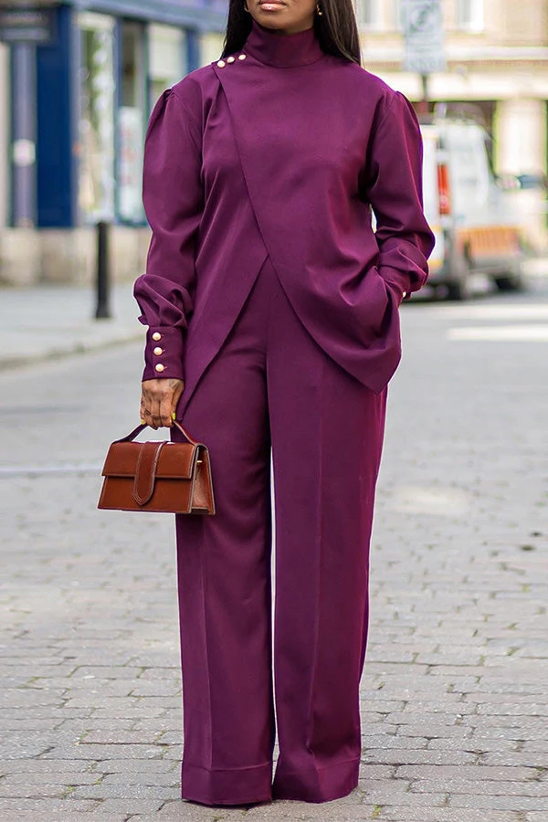 High Neck Irregular Blouse & Wide Leg Pants Set 2 High Neck Irregular Blouse & Wide Leg Pants Set - Image 2