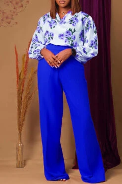 Flower Print Cowl Neck Blouse & Wide Leg Pants Set 6 Flower Print Cowl Neck Blouse & Wide Leg Pants Set -Acorpstyle XTY6094 RB 1