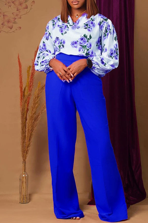 Flower Print Cowl Neck Blouse & Wide Leg Pants Set 3 Flower Print Cowl Neck Blouse & Wide Leg Pants Set - Image 3