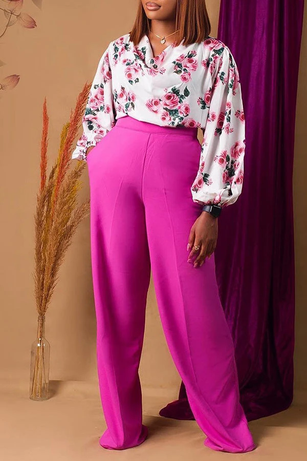 Flower Print Cowl Neck Blouse & Wide Leg Pants Set 1 Flower Print Cowl Neck Blouse & Wide Leg Pants Set