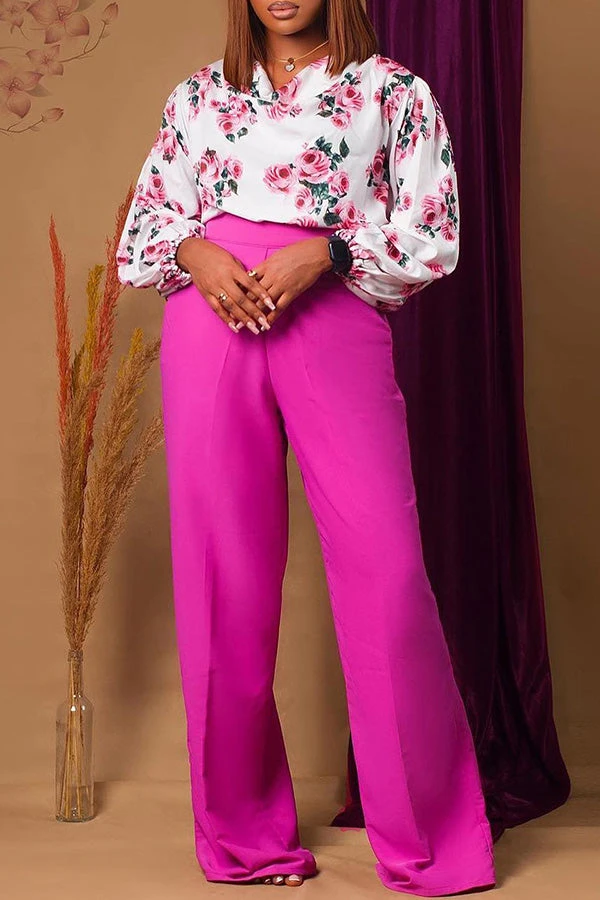 Flower Print Cowl Neck Blouse & Wide Leg Pants Set 2 Flower Print Cowl Neck Blouse & Wide Leg Pants Set - Image 2