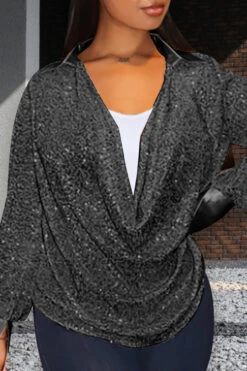 Glitter Sequin Draped Collar Blouse 21 Glitter Sequin Draped Collar Blouse -Acorpstyle XTY6116 BK 2
