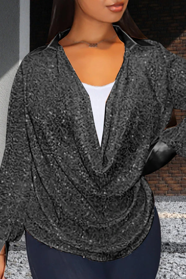 Glitter Sequin Draped Collar Blouse 11 Glitter Sequin Draped Collar Blouse - Image 11