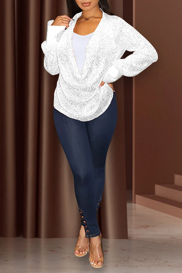 Glitter Sequin Draped Collar Blouse 6 Glitter Sequin Draped Collar Blouse - Image 6