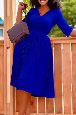 Surplice Neck Half Sleeve Belted Pleated Dress 7 Surplice Neck Half Sleeve Belted Pleated Dress -Acorpstyle XTY6169 BL 1