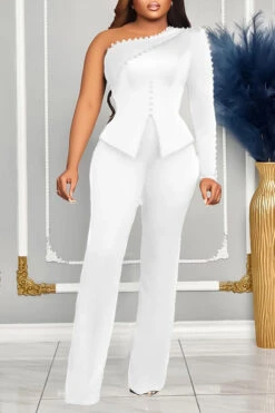 Elegant One Shoulder Top & Pants Set 8 Elegant One Shoulder Top & Pants Set -Acorpstyle XTY6362 WH 1
