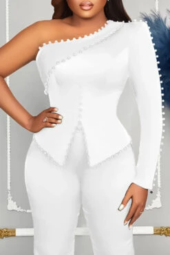 Elegant One Shoulder Top & Pants Set 9 Elegant One Shoulder Top & Pants Set -Acorpstyle XTY6362 WH 2