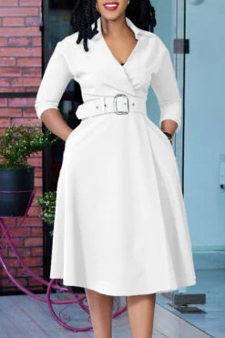 Stylish Surplice Neck Square Buckle Belt Dress 5 Stylish Surplice Neck Square Buckle Belt Dress -Acorpstyle XTY6480 WH 1