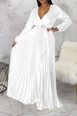 Elegant V-Neck Pleated Maxi Dress 25 Elegant V-Neck Pleated Maxi Dress -Acorpstyle XTY6520 WH 3