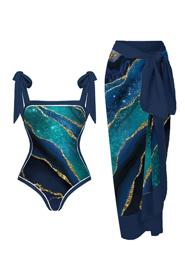 Retro Print One-Piece Swimsuit & Cover-Up Skirt Set 2 Retro Print One-Piece Swimsuit & Cover-Up Skirt Set - Image 2