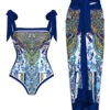 Retro Print One-Piece Swimsuit & Cover-Up Skirt Set