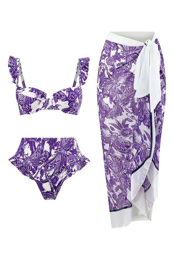 Allover Print Flutter Top & Pants Three-piece Set 1 Allover Print Flutter Top & Pants Three-piece Set