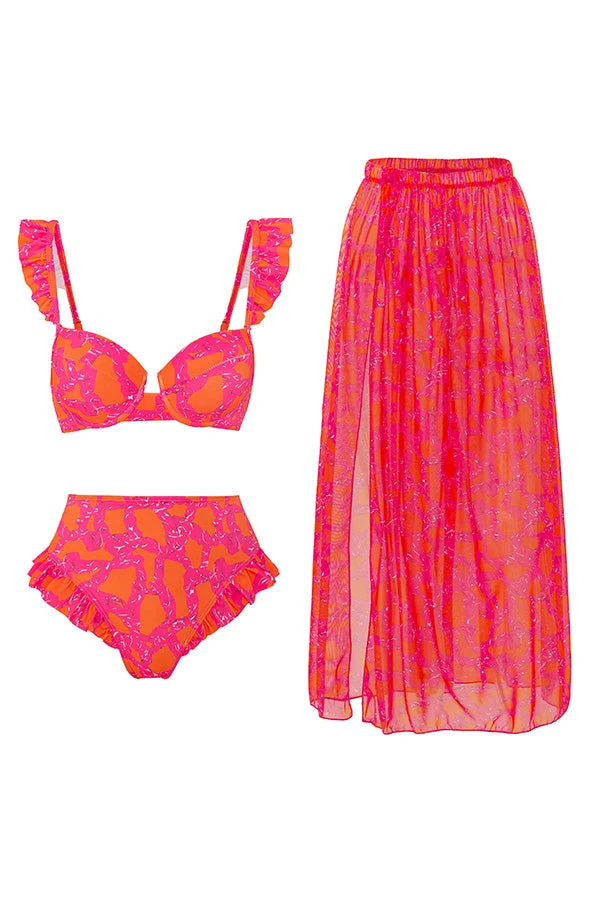 Allover Print Flutter Top & Skirt Three-piece Set 1 Allover Print Flutter Top & Skirt Three-piece Set