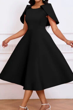 Elegant Solid Shawl Sleeve A-line Dress 15 Elegant Solid Shawl Sleeve A-line Dress -Acorpstyle XTY6642 BK 2