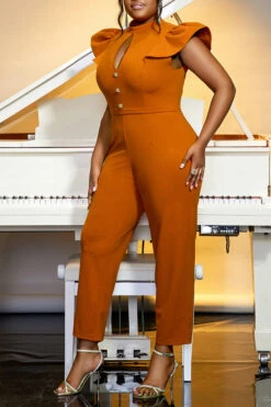 Elegant Keyhole Neck Flutter Sleeve Jumpsuit