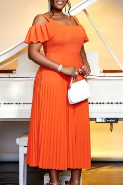 Elegant Square Neck Pleated Midi Dress 7 Elegant Square Neck Pleated Midi Dress -Acorpstyle XTY6719 OR 1