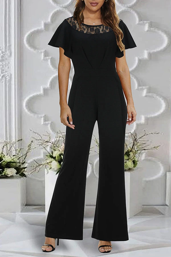 Elegant Lace Panel Flutter Sleeve Jumpsuit 1 Elegant Lace Panel Flutter Sleeve Jumpsuit